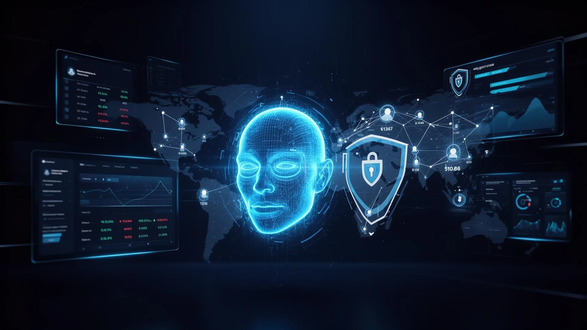 Holographic biometric identity scan over a compliance command center with live risk dashboards.